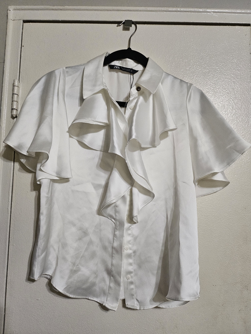 Zara Ivory Ruffle-Front Short Sleeve Blouse
